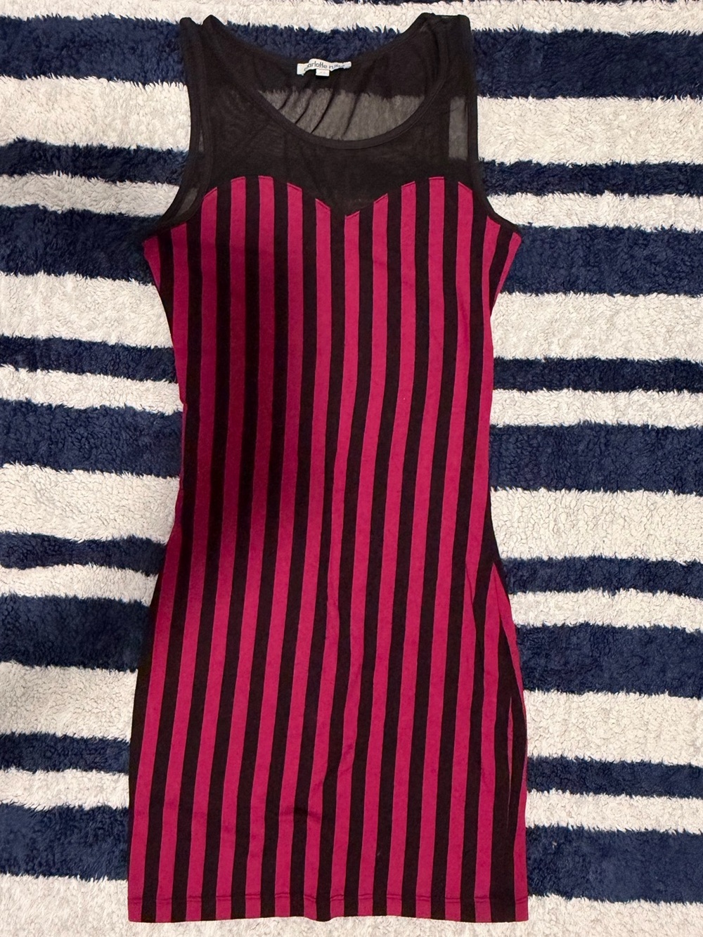 Charlotte Russe Black and Magenta Striped Mesh Yoke Bodycon Dress